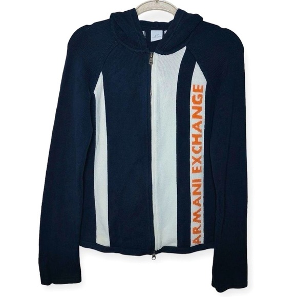 🔥🆕 ARMANI EXCHANGE Y2K Spellout Navy and White Zip Up Hooded Knit SIZE XL - Picture 1 of 10